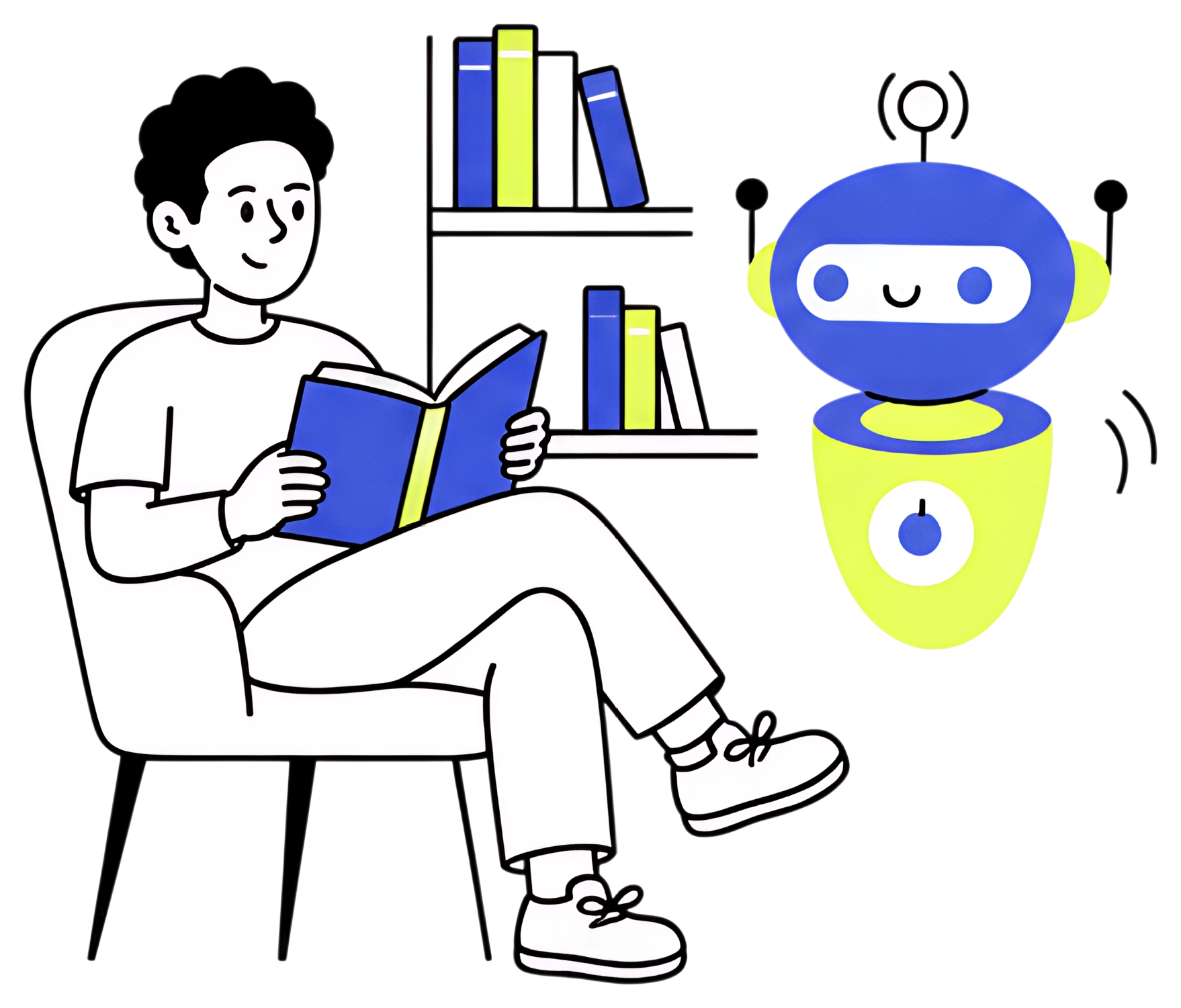 A cozy scene depicting a smart assistant watching as a person reads a blue book in a comfortable chair. The background features bookshelves filled with colorful books, creating a warm ambiance for any