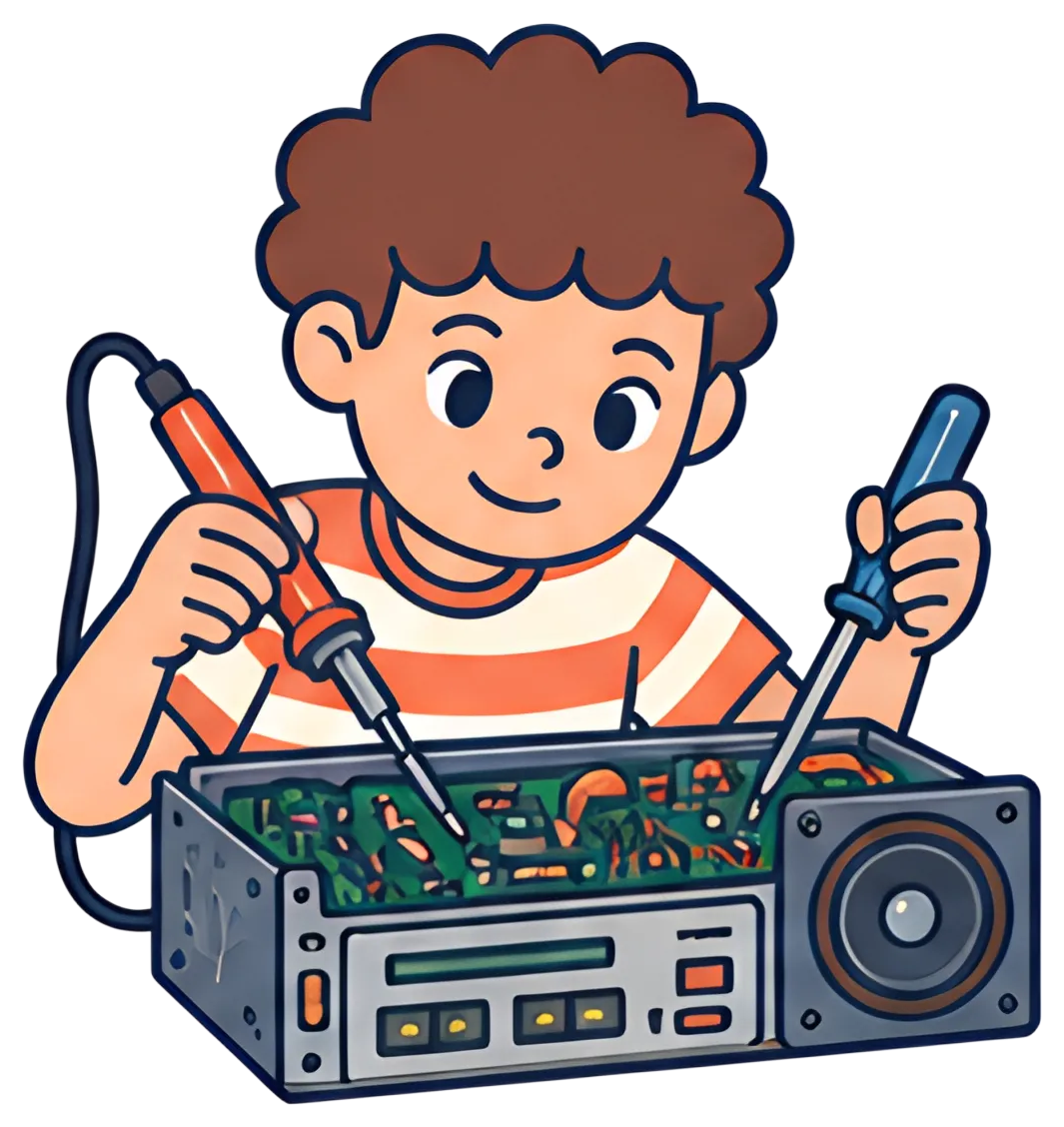 A cheerful boy with curly brown hair is focused on fixing a disassembled radio receiver. He holds a soldering iron in one hand and a screwdriver in the other, surrounded by colorful circuit board and,