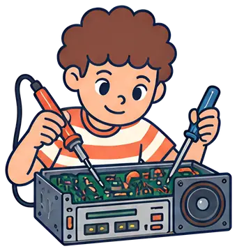 A cheerful boy with curly brown hair is focused on fixing a disassembled radio receiver. He holds a soldering iron in one hand and a screwdriver in the other, surrounded by colorful circuit board and,