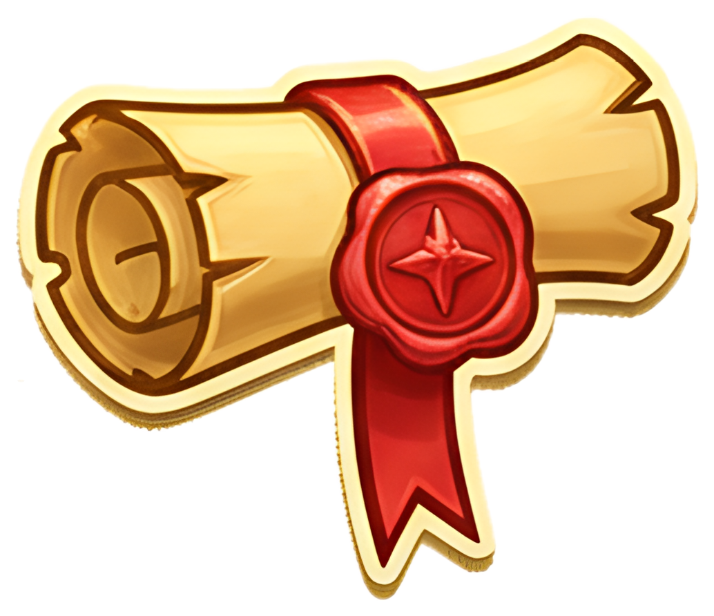 A rolled parchment scroll secured with a bright red seal and ribbon, giving it an elegant and formal appearance. The scroll is styled with warm tones, featuring a gold trim that enhances its allure as