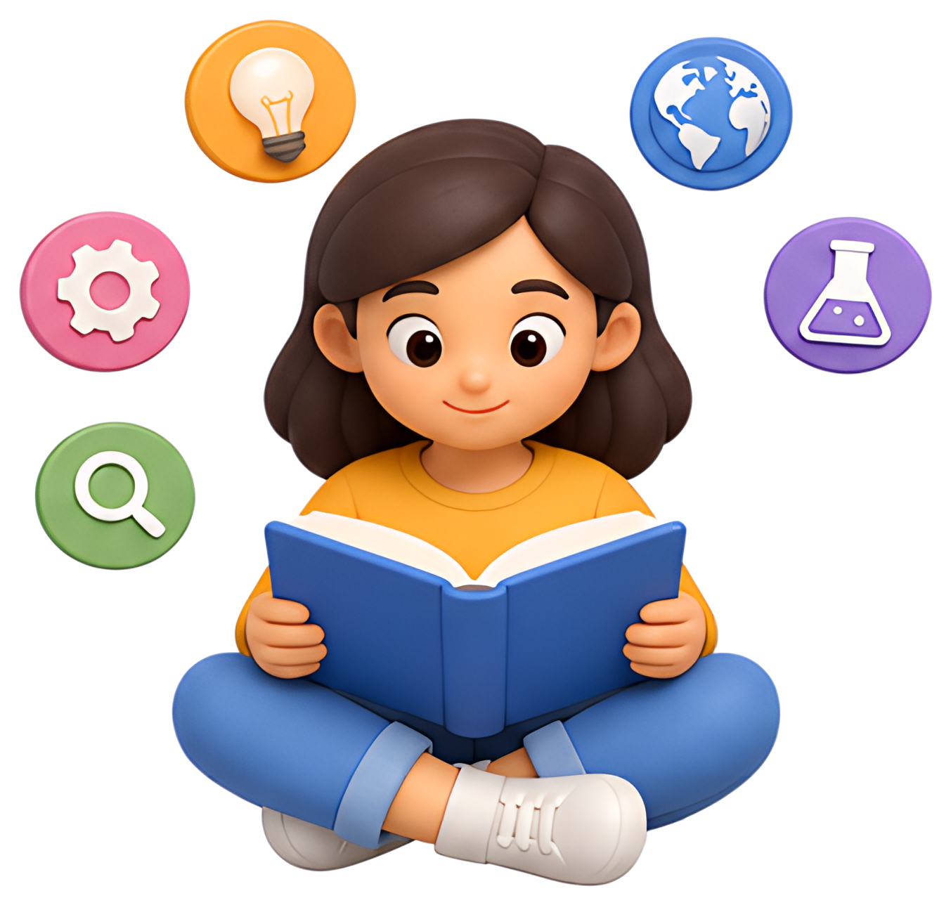 A young person with dark hair sits cross-legged, reading a blue book. Surrounding them are colorful floating icons symbolizing knowledge, including a light bulb, gear, magnifying glass, globe, and a a