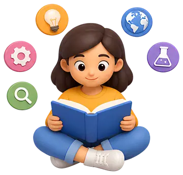 A young person with dark hair sits cross-legged, reading a blue book. Surrounding them are colorful floating icons symbolizing knowledge, including a light bulb, gear, magnifying glass, globe, and a a