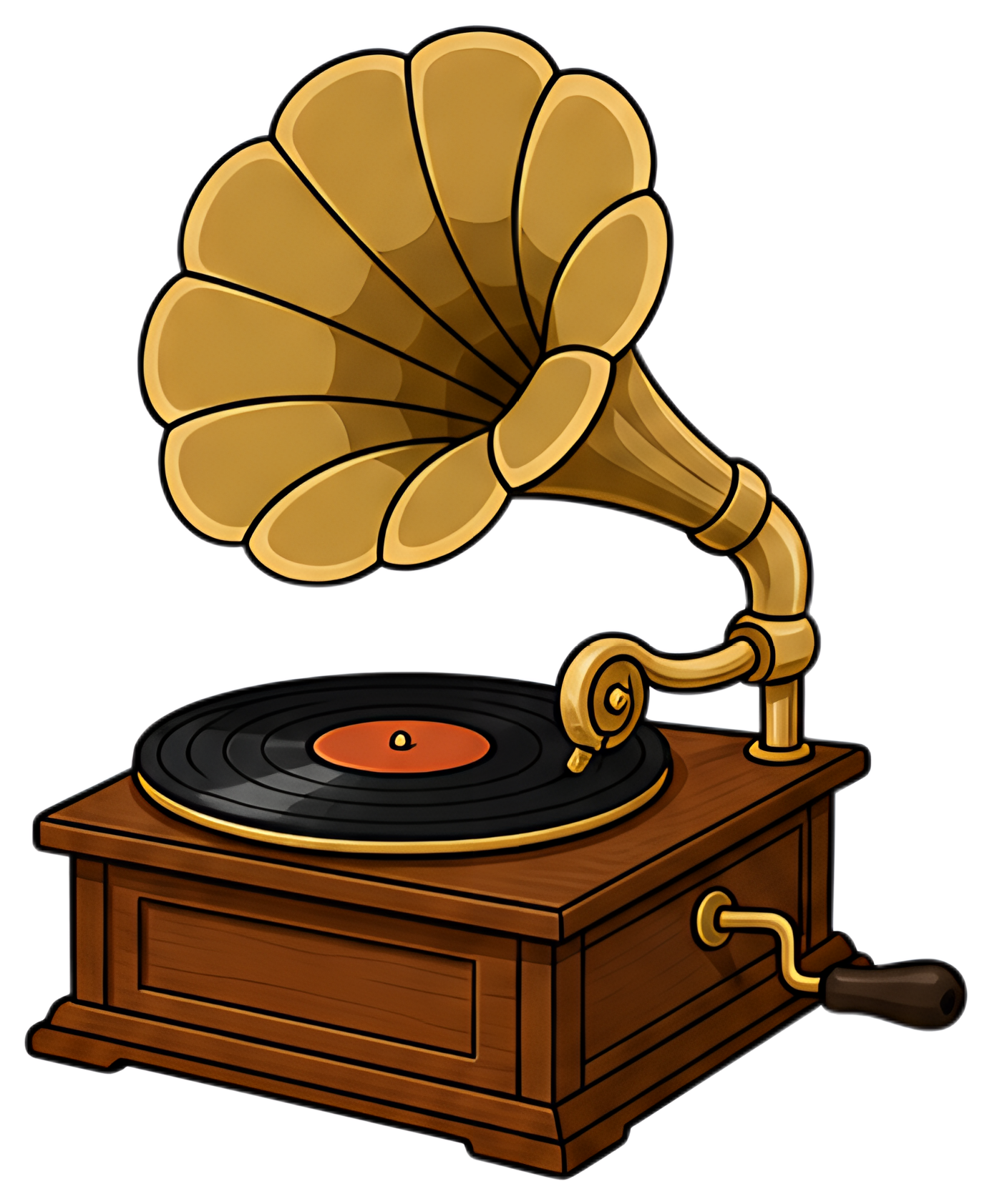A retro gramophone featuring a golden horn speaker and a black rotating record. The wooden base adds a classic touch, enhancing its vintage appeal.