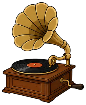 A retro gramophone featuring a golden horn speaker and a black rotating record. The wooden base adds a classic touch, enhancing its vintage appeal.