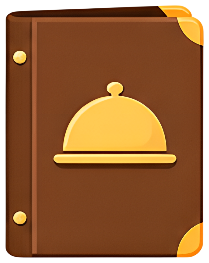 A brown restaurant menu icon featuring a golden serving dome at the center and gold detailing on the corners. The design is sleek and minimal, perfect for a digital interface.