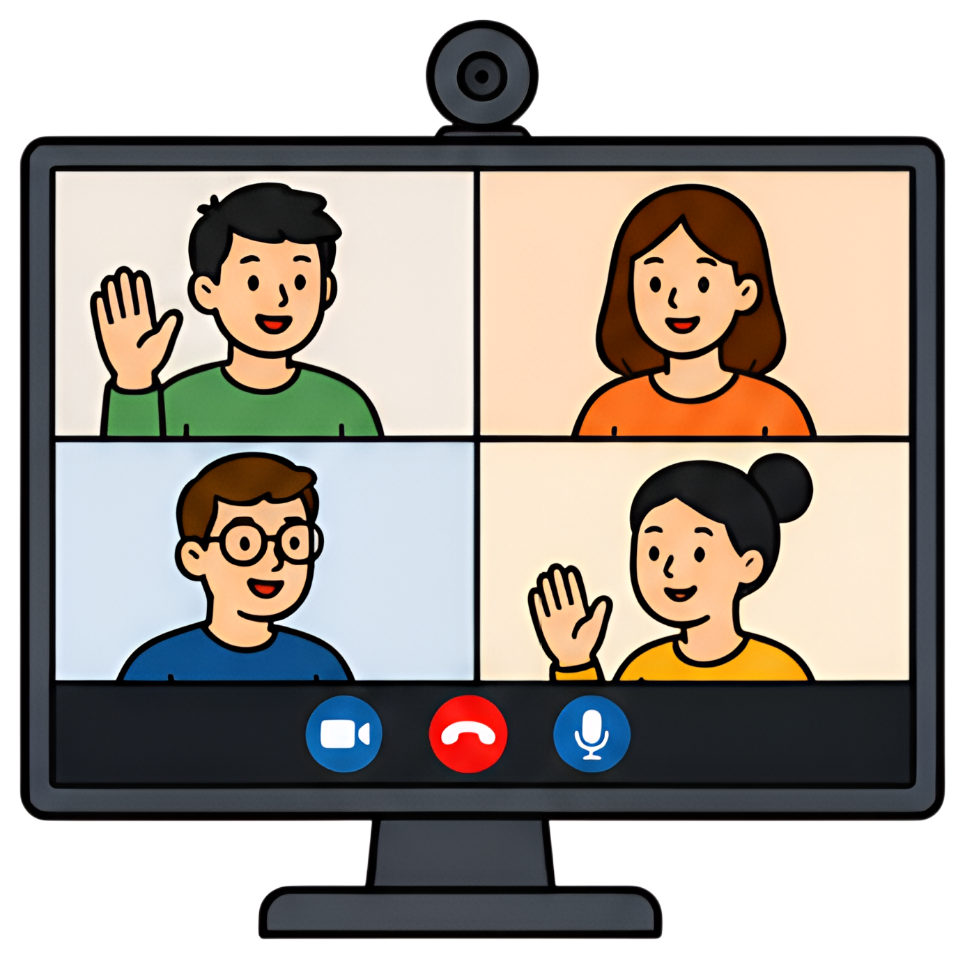 A computer screen displays a video call with four individuals, each waving and smiling. The participants are shown in different colored backgrounds, with icons for video and audio controls at the base