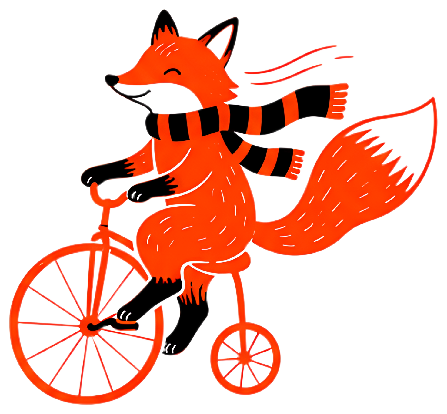 A lively orange fox rides a bicycle with a big smile, its bushy tail and striped scarf streaming in the wind. The illustration features bold colors, with prominent orange for the fox and bicycle, set.