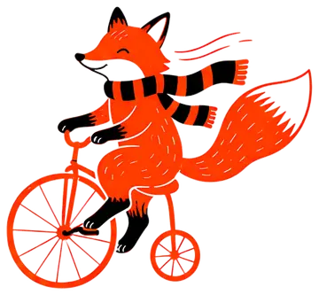 A lively orange fox rides a bicycle with a big smile, its bushy tail and striped scarf streaming in the wind. The illustration features bold colors, with prominent orange for the fox and bicycle, set.
