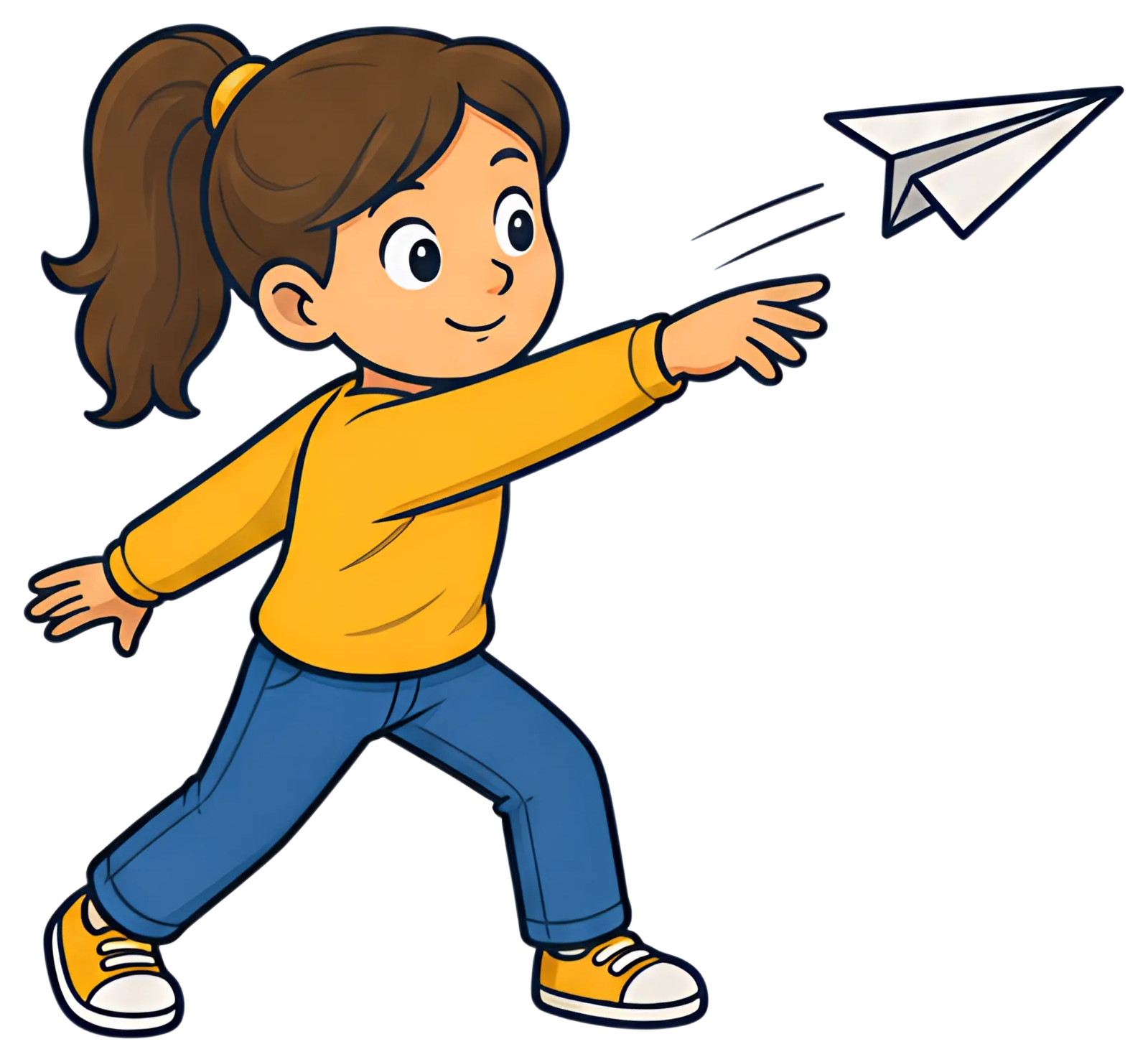 A cheerful child with brown hair in a ponytail, wearing a yellow sweater and blue jeans, excitedly launches a paper airplane. The airplane is depicted in motion, emphasizing the joyful action of play.