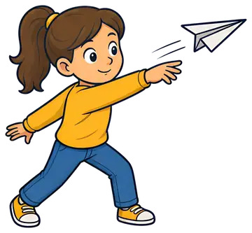 A cheerful child with brown hair in a ponytail, wearing a yellow sweater and blue jeans, excitedly launches a paper airplane. The airplane is depicted in motion, emphasizing the joyful action of play.