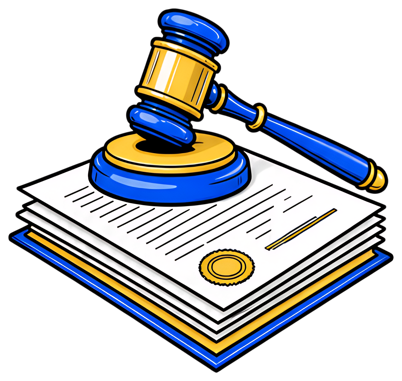 A lawyer's gavel is prominently placed on top of a stack of legal documents, featuring a golden seal. The gavel has a vibrant blue handle and a shiny gold accent, set against the white and grey papers