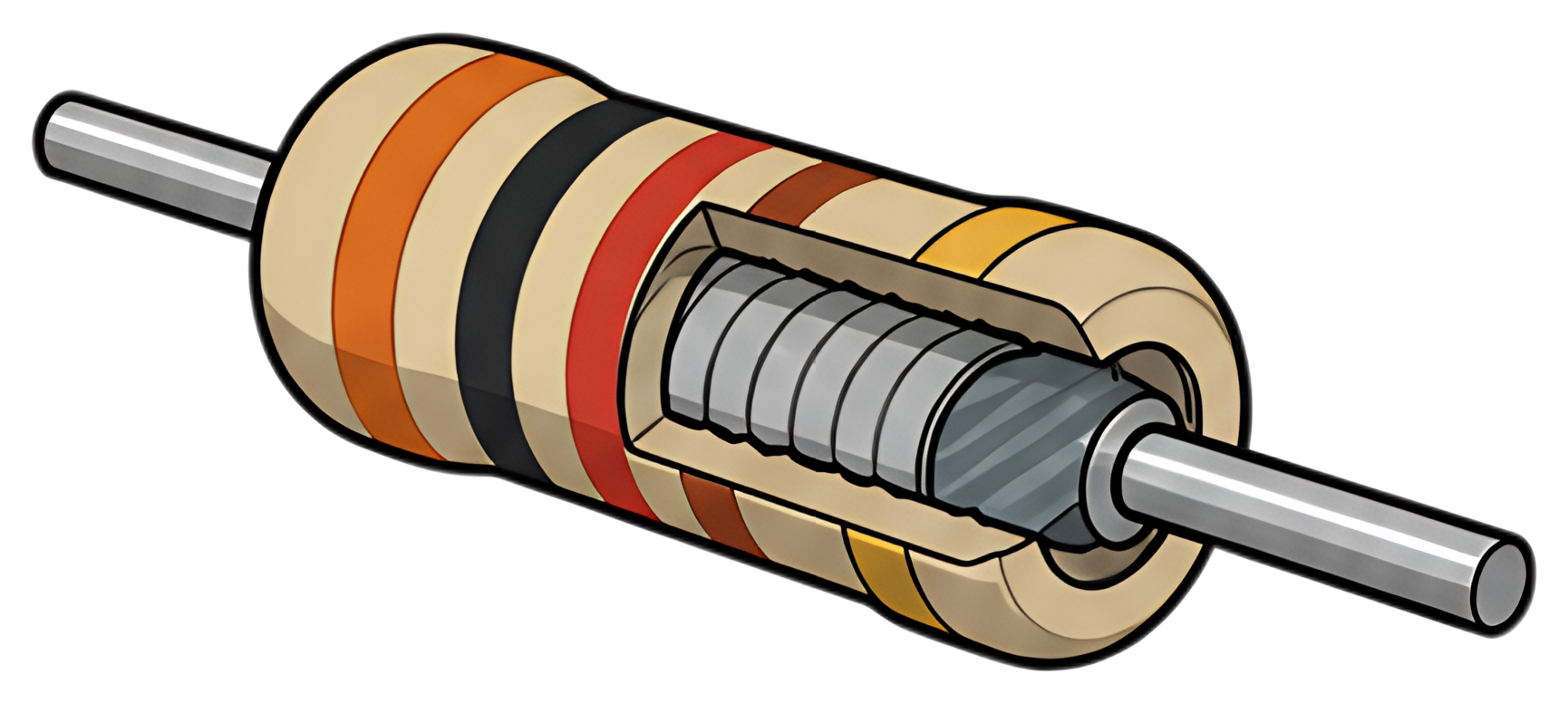 A stylized resistor featuring vibrant colored stripes on the exterior and a layered structure visible inside. The design includes tones of brown, red, and yellow, showcasing the internal coil made of 