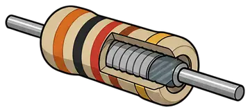 A stylized resistor featuring vibrant colored stripes on the exterior and a layered structure visible inside. The design includes tones of brown, red, and yellow, showcasing the internal coil made of 