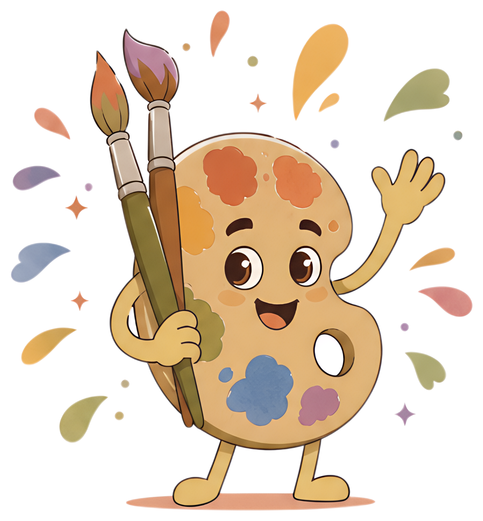 Cheerful palette waving with brushes