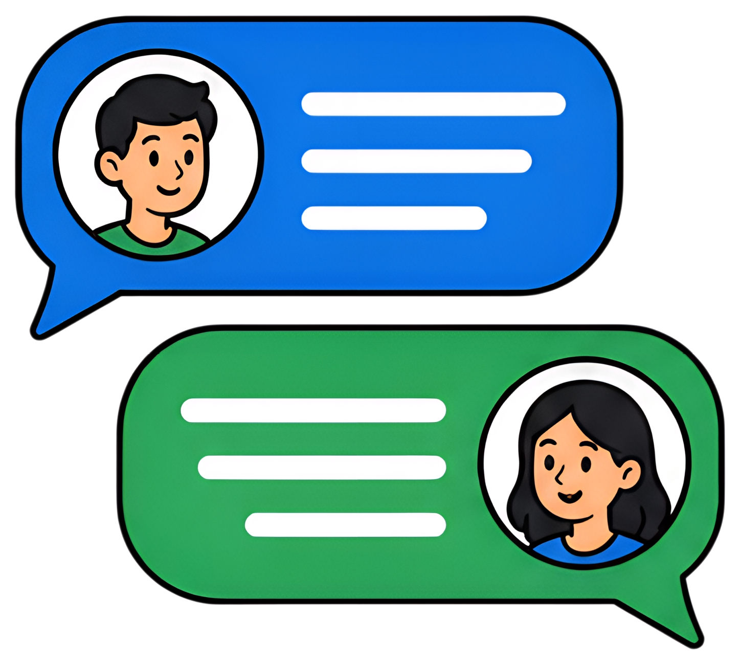 Two speech bubbles show a live chat conversation, one in blue with a male avatar and another in green featuring a female avatar. The text areas are represented with horizontal lines, indicating active
