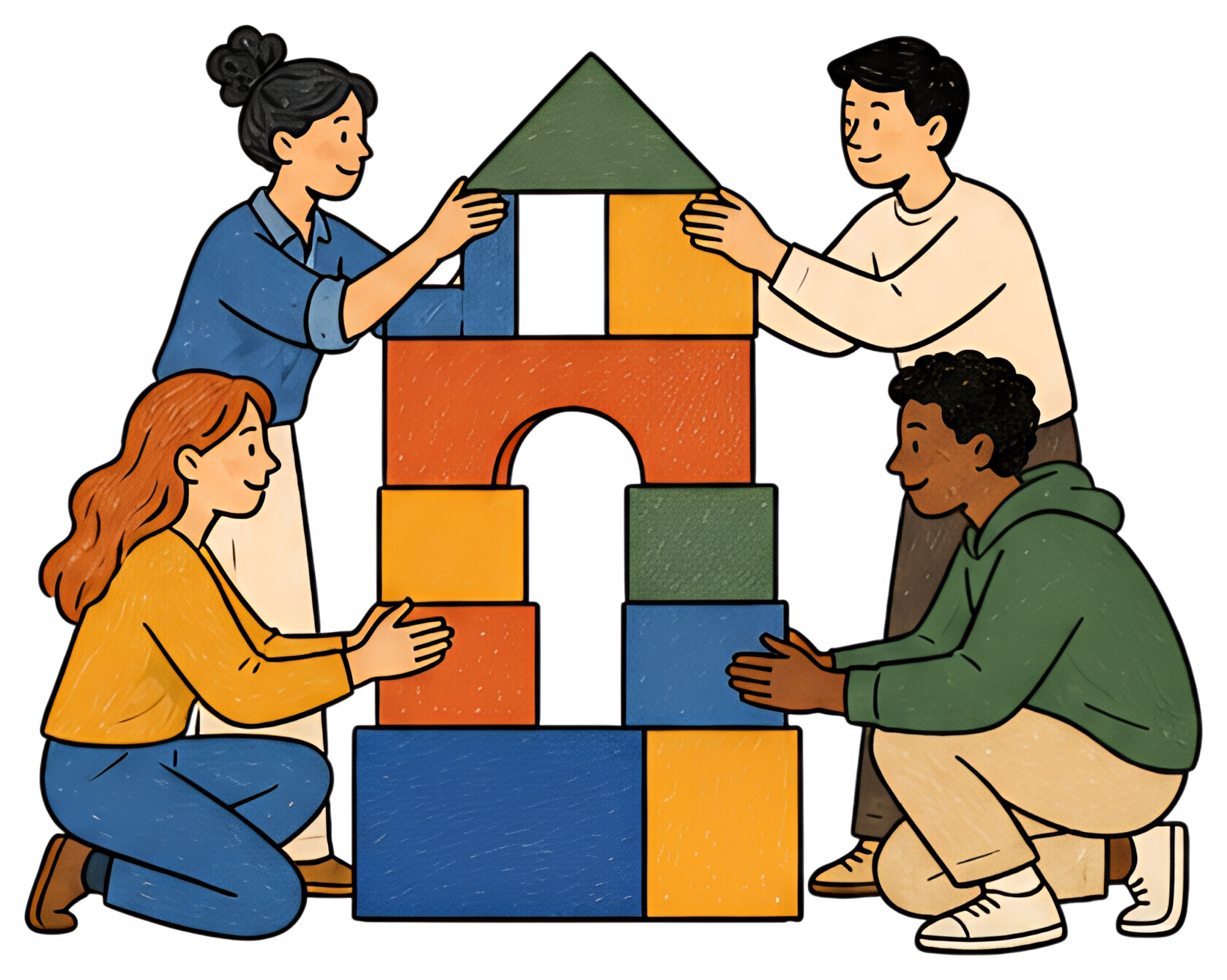 A group of four diverse people collaboratively building a colorful block structure. They are interacting closely, with two individuals placing blocks on top and two kneeling to support the base. The 4