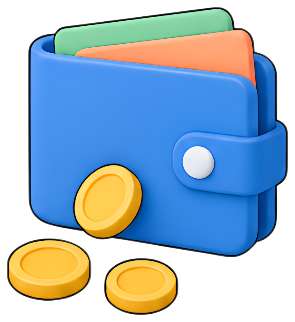 A vibrant blue wallet is partially open, revealing green and orange cards inside. Several yellow coins are spilling out from the wallet, creating a playful scene against a black background.