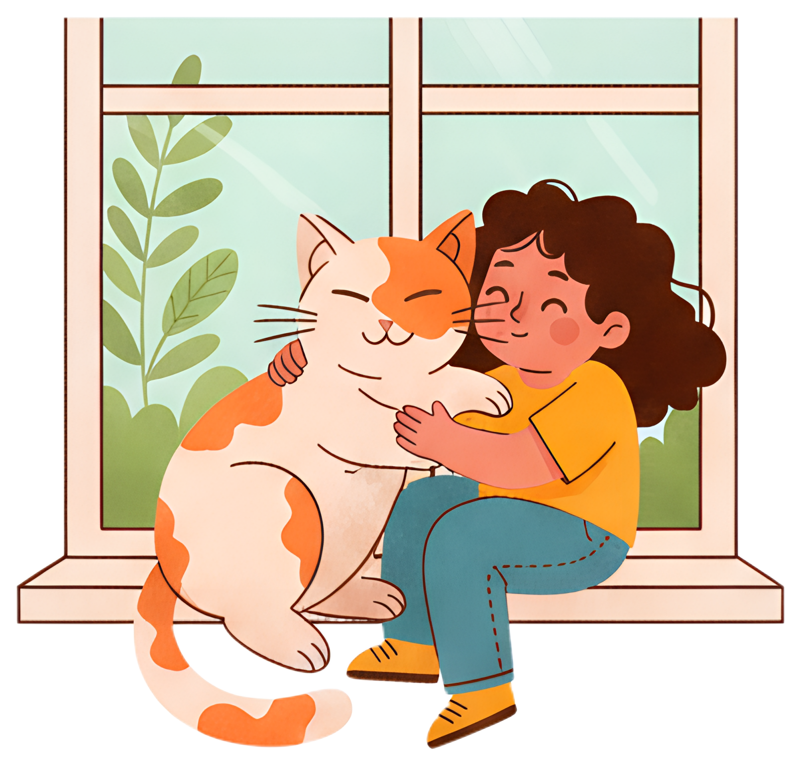 A cheerful girl with curly hair embraces a fluffy orange-and-white cat while sitting on a windowsill. The scene is bright and warm, with green plants in the background and soft pastel colors predominY