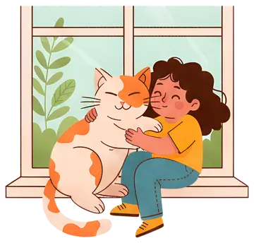 Girl Hugging Fluffy Cat on Windowsill