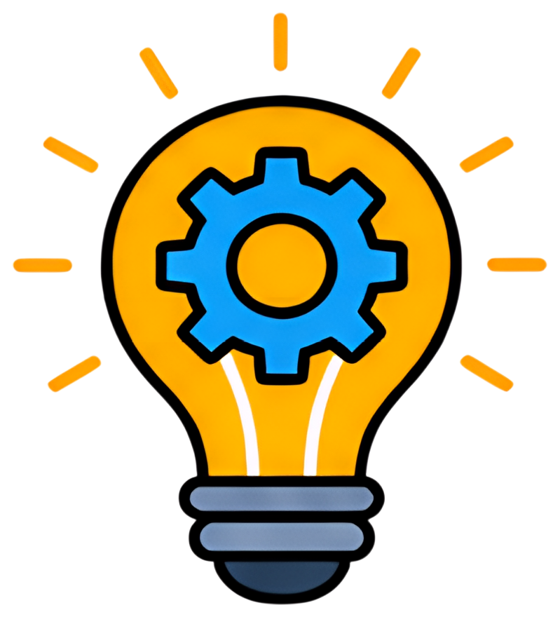 A vibrant lightbulb featuring a blue gear at its center, representing innovation. The design includes yellow rays emanating from the bulb, enhancing its energetic feel, with a grey base and black line