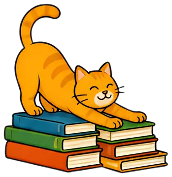 A cheerful orange cat stretches in a yoga pose atop a stack of colorful books. The cat has a playful expression, with a smooth coat featuring distinct stripes, and the books are brightly colored in a 