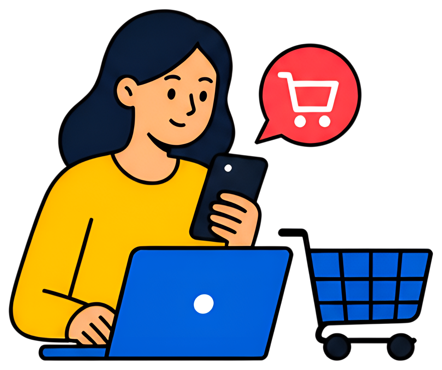 A person with dark hair smiles while holding a smartphone, sitting in front of a blue laptop, and a shopping cart icon pops up from a red speech bubble. The warm yellow shirt adds a cheerful tone to a