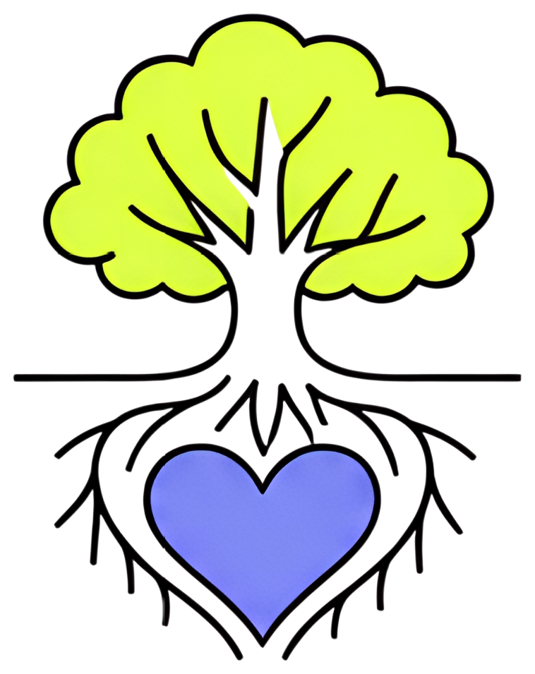 A vibrant tree with yellow foliage, its roots creatively intertwining to form a heart shape at the base, symbolizing grounded emotional health. The heart is depicted in a soft purple, contrasting with