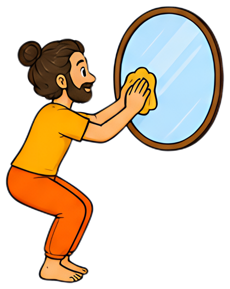 A yoga teacher is shown in a chair pose while cleaning a round mirror using a yellow cloth. The character has long hair tied in a bun and is wearing an orange outfit. The background is minimal, accent