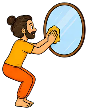 A yoga teacher is shown in a chair pose while cleaning a round mirror using a yellow cloth. The character has long hair tied in a bun and is wearing an orange outfit. The background is minimal, accent