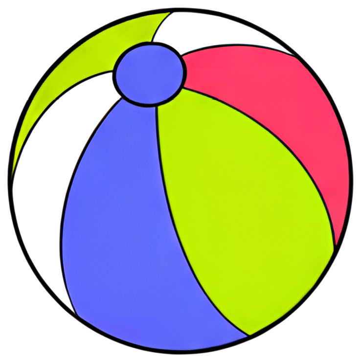 A simplified flat design of a beach ball featuring bold stripes in pink, green, and purple. The ball is circular, with a classic design representing lively summer fun.
