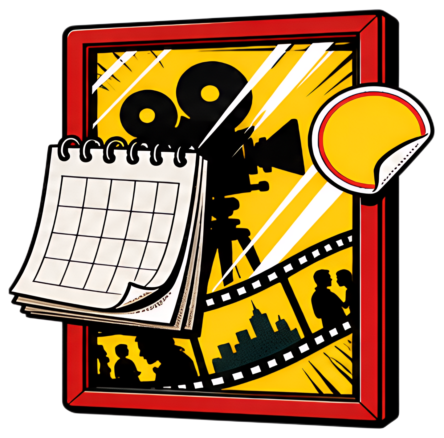 A vibrant retro-style movie poster features a framed window with a film camera silhouette in the background. A flipped calendar hangs off to the side, alongside a sticker that reads 'Coming Soon' on a