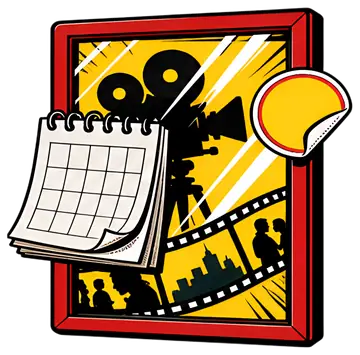 A vibrant retro-style movie poster features a framed window with a film camera silhouette in the background. A flipped calendar hangs off to the side, alongside a sticker that reads 'Coming Soon' on a
