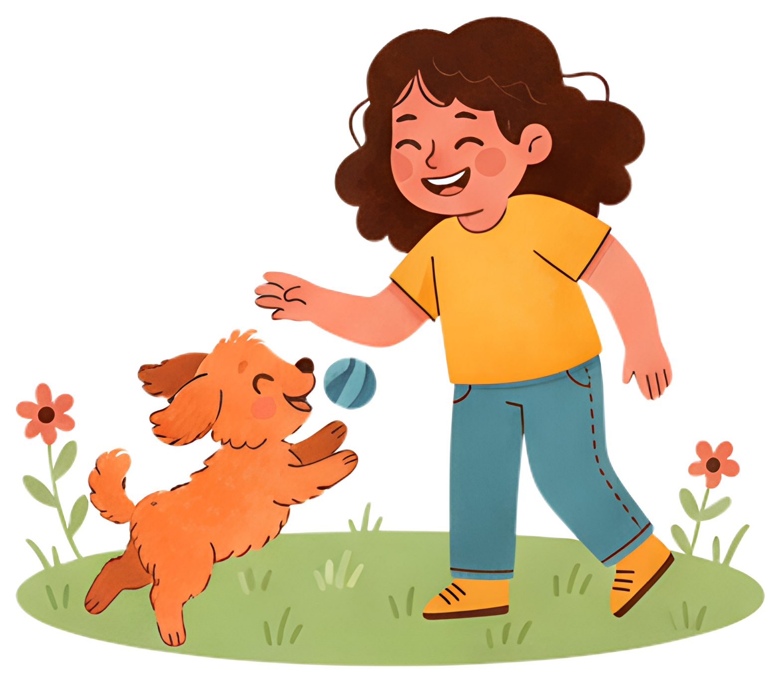 A cheerful girl in a yellow shirt plays with an orange puppy, who is joyfully jumping to catch a blue ball. They are surrounded by vibrant flowers and green grass, creating a lively outdoor scene.