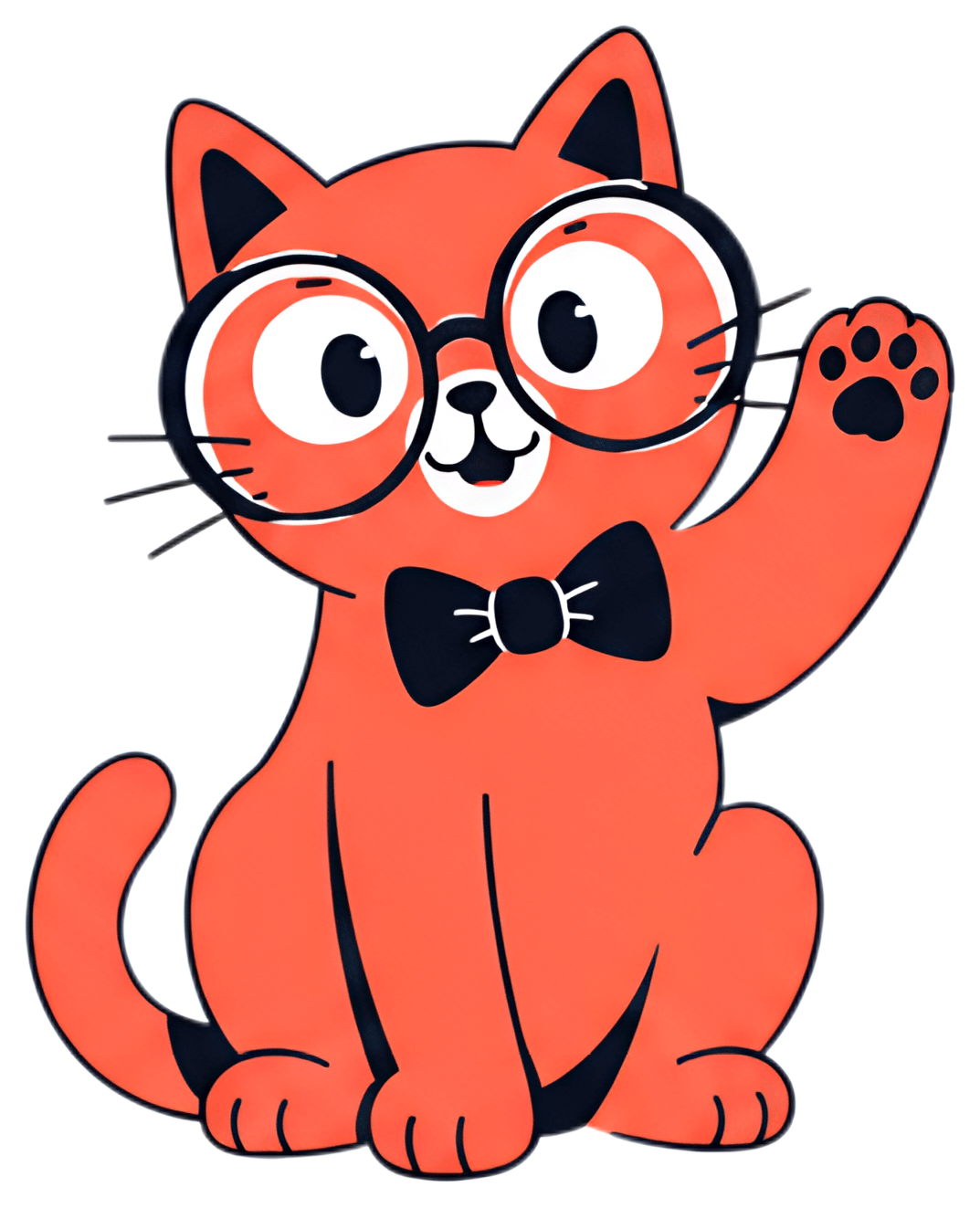 A joyful cartoon cat with bright orange fur is wearing oversized black glasses and a black bow tie, raising one paw in a friendly wave. The cat's expressive eyes and playful pose add to its cheerful,可