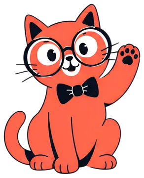 A joyful cartoon cat with bright orange fur is wearing oversized black glasses and a black bow tie, raising one paw in a friendly wave. The cat's expressive eyes and playful pose add to its cheerful,可