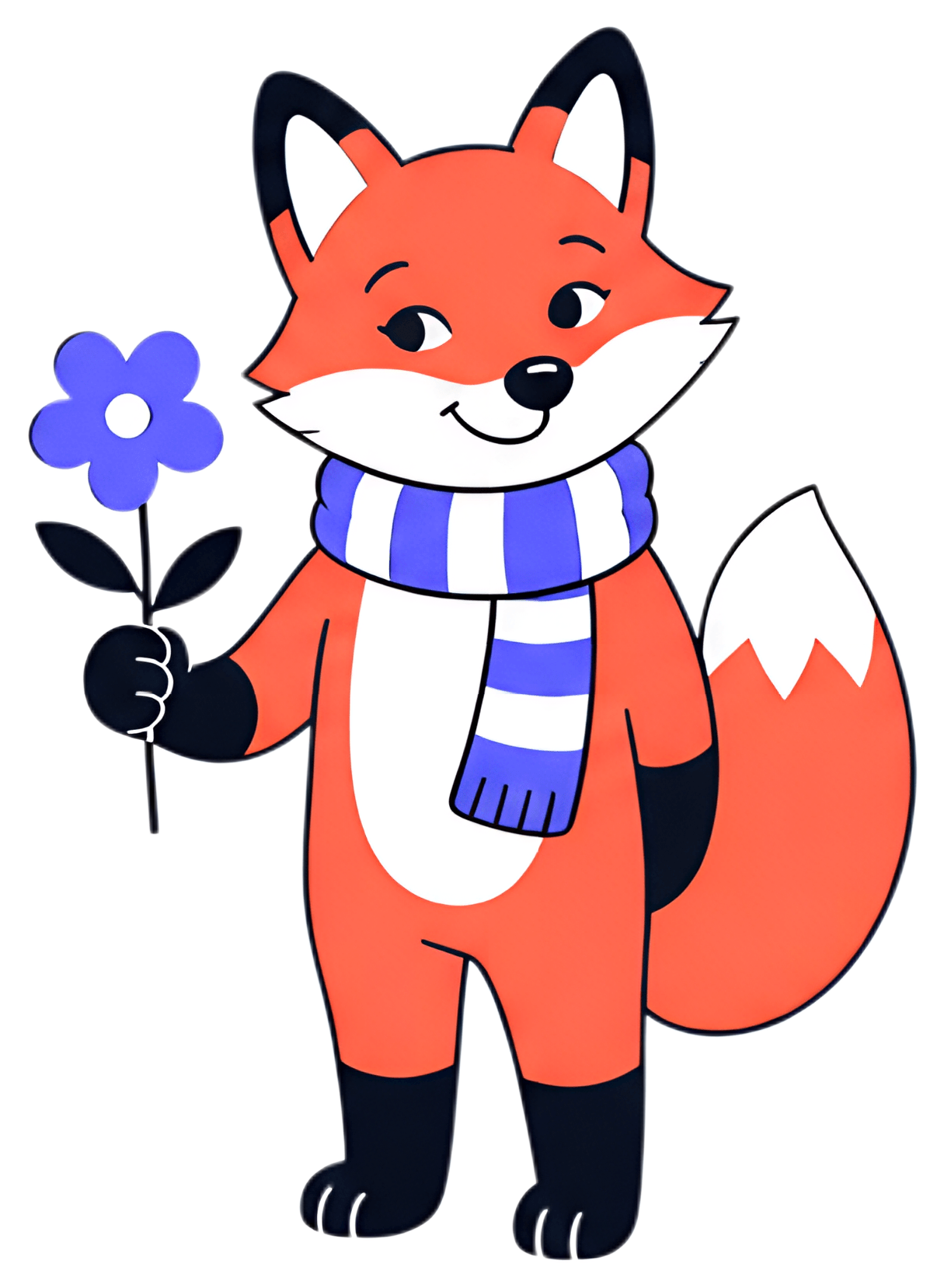 A cheerful cartoon fox stands holding a single blue flower, wearing a striped blue and white scarf. The fox has a bright orange coat with distinct facial features and a playful smile, set against a no