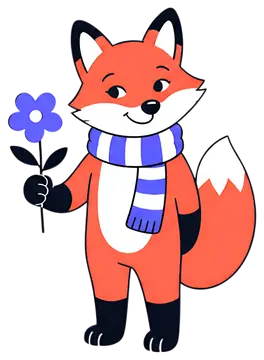 A cheerful cartoon fox stands holding a single blue flower, wearing a striped blue and white scarf. The fox has a bright orange coat with distinct facial features and a playful smile, set against a no