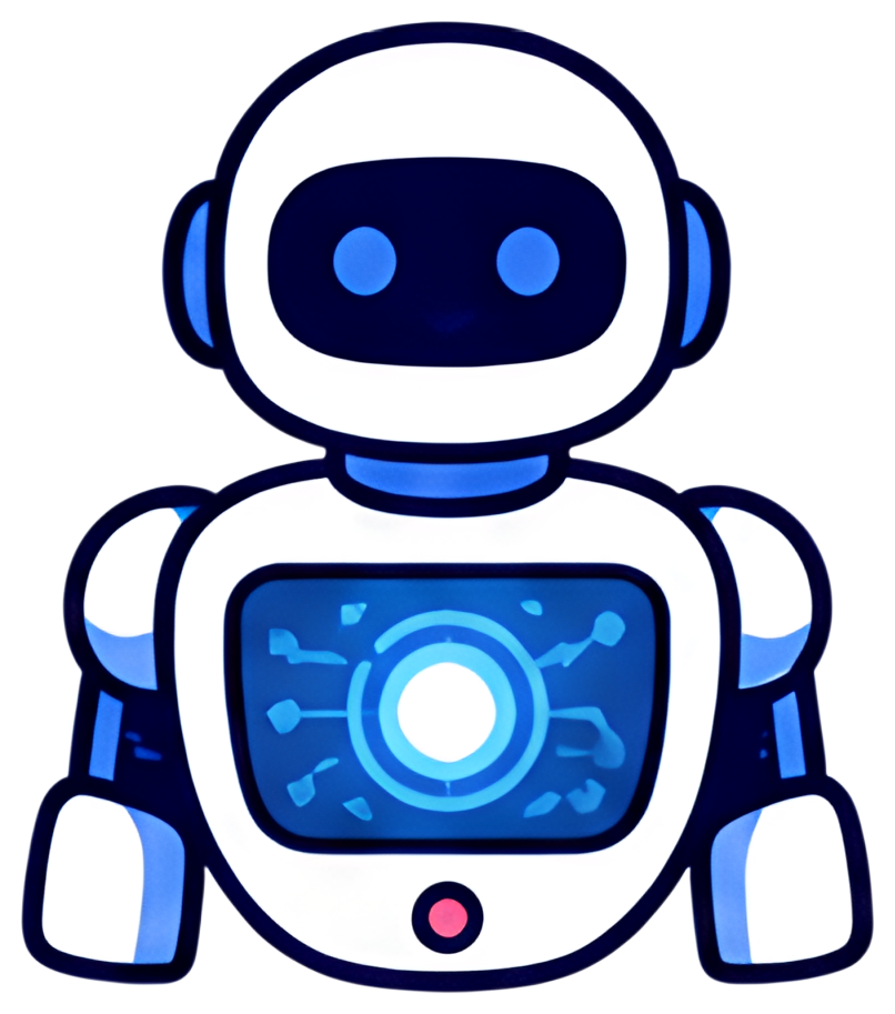 A simplified humanoid robot icon featuring a transparent chest that reveals a glowing blue core with circuitry details. The robot has a friendly expression and a predominantly white and blue color pal