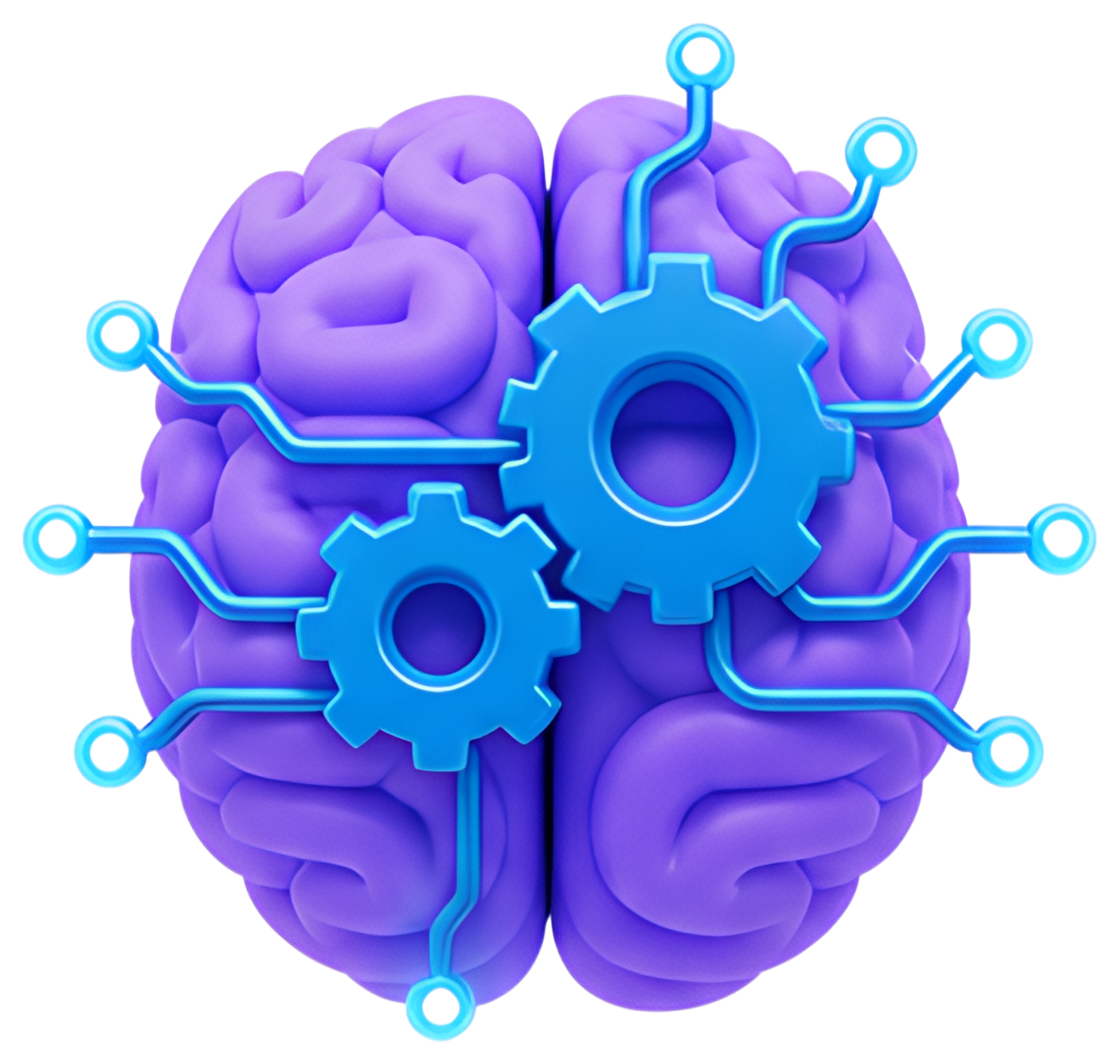 A stylized 3D brain icon featuring large blue gears and glowing blue neural connections. The brain is portrayed in a vibrant purple color, combining elements of technology and neuroscience.
