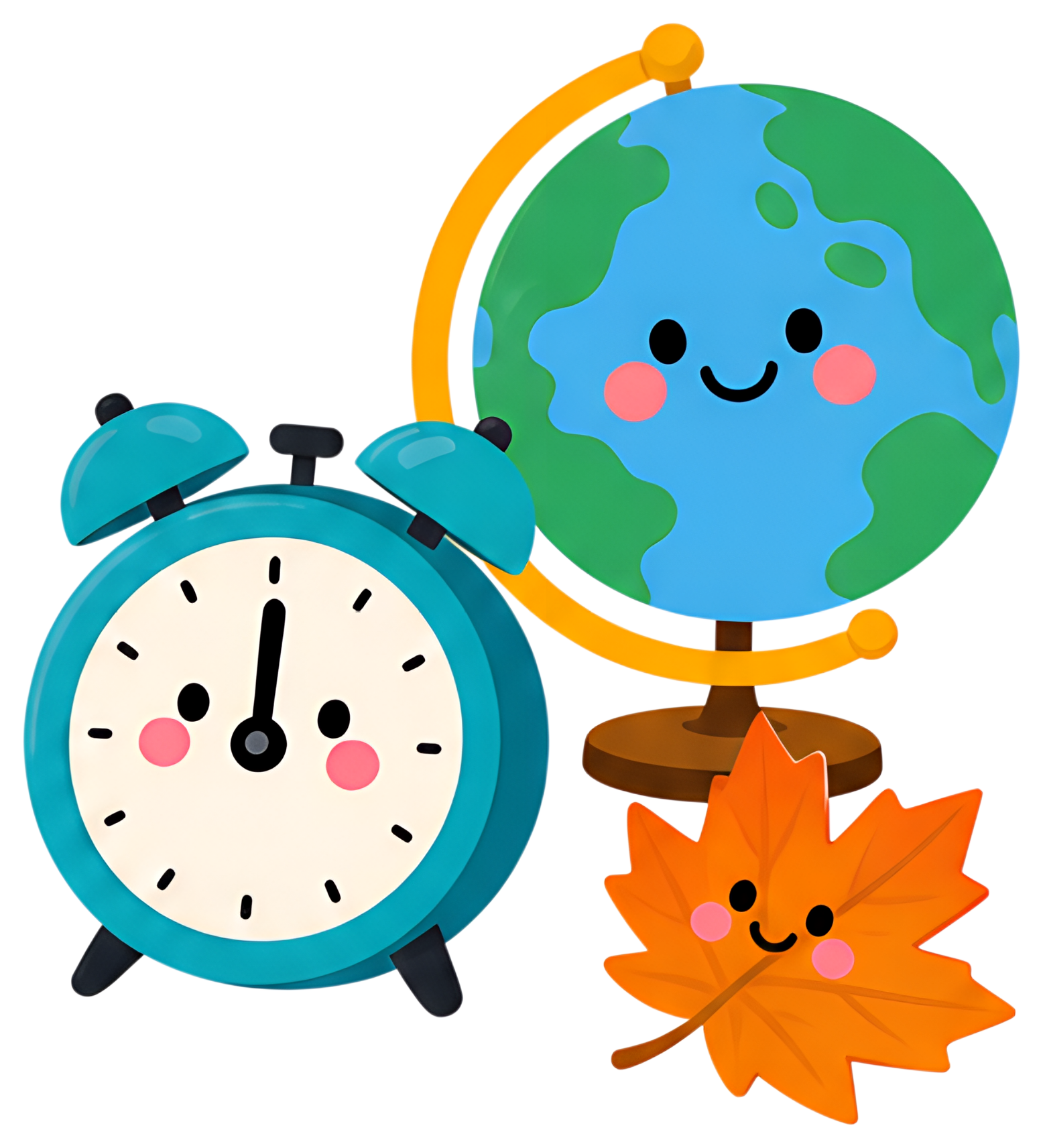 A playful school alarm clock in teal sits next to a smiling globe featuring green and blue continents, and a friendly orange maple leaf with a cute face. The illustration has a bright and cheerful, to