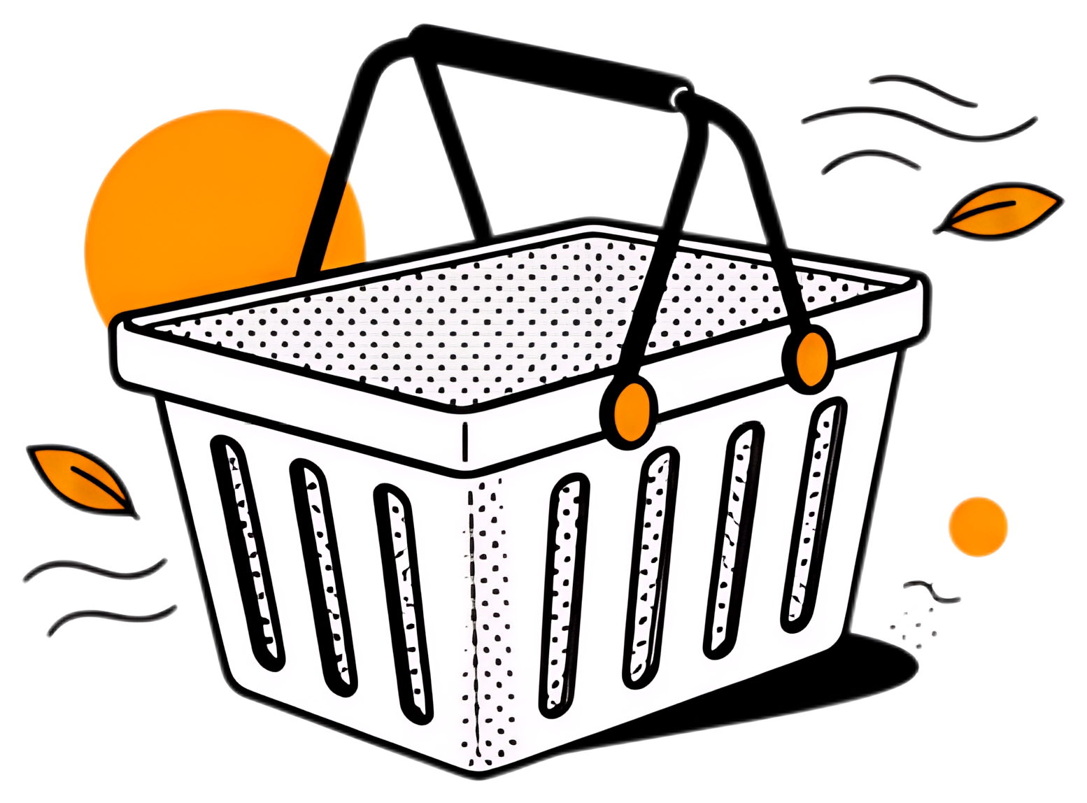 A simple illustration of an empty shopping basket adorned with black outlines and orange accents. The basket is set against a black background, with an orange sun and floating leaves suggesting a mild