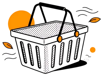 A simple illustration of an empty shopping basket adorned with black outlines and orange accents. The basket is set against a black background, with an orange sun and floating leaves suggesting a mild