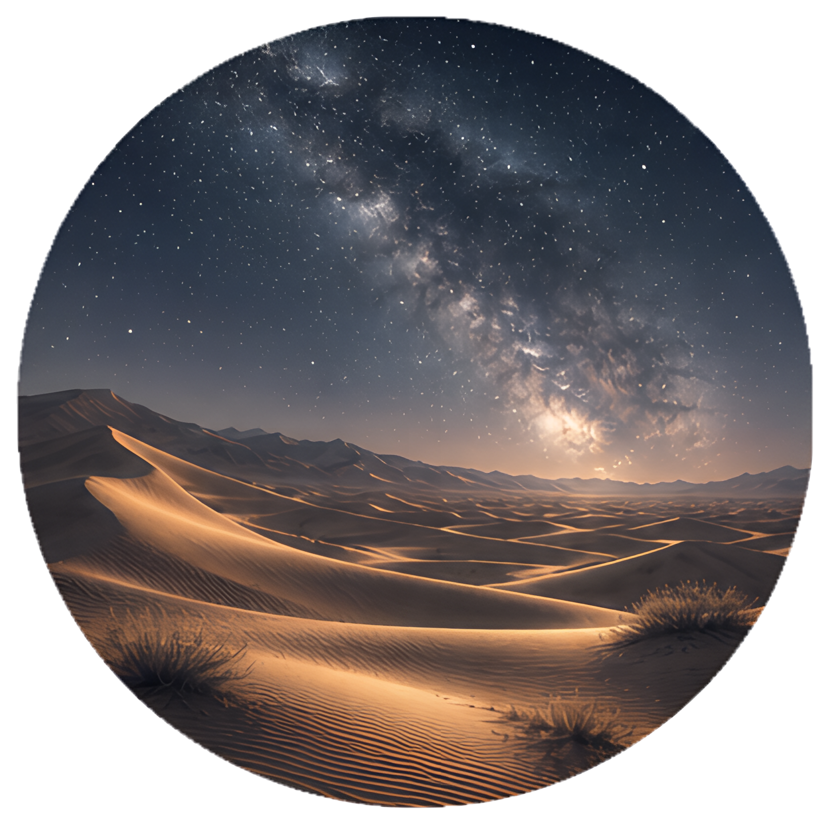 Expansive golden sand dunes undulate under a deep starry sky, highlighting the brilliance of the Milky Way. Silhouetted against the horizon, the dunes create a breathtaking desert landscape bathed in 