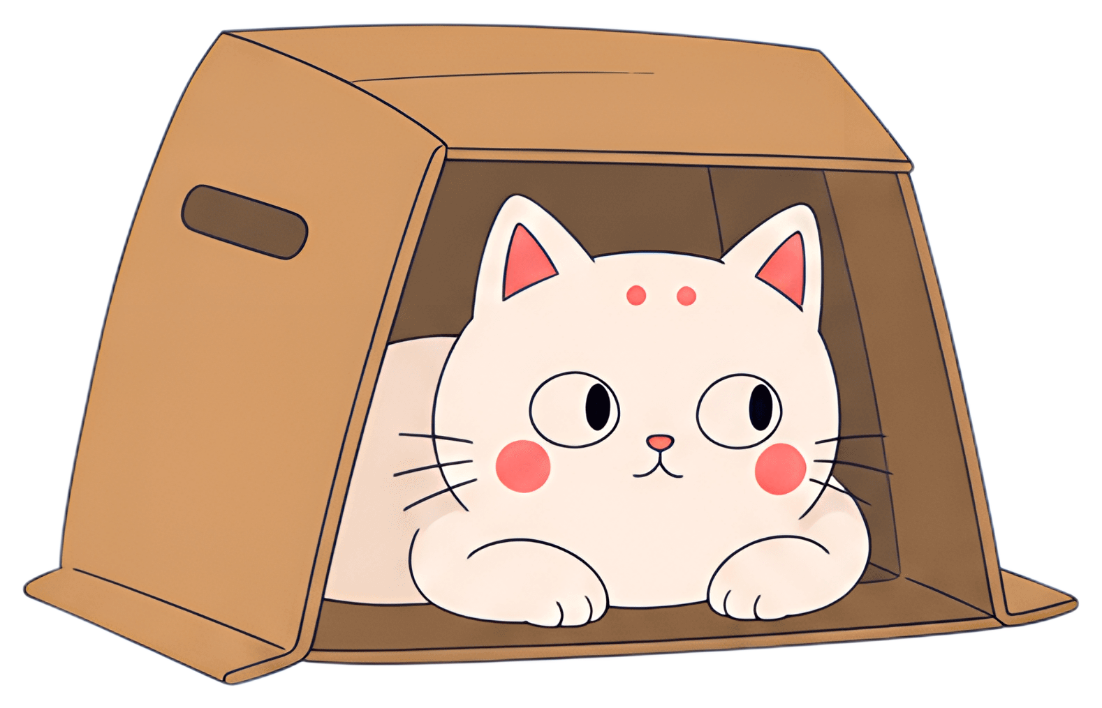 A white cat with round eyes and pink cheeks peeks out from inside an overturned cardboard box. The box is a light brown color, contrasting with the cat's fluffy white fur and giving it a playful, cute