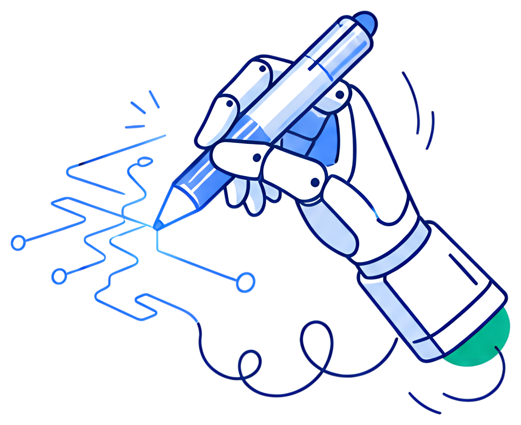 An anthropomorphic robot hand holds a glowing blue stylus, skillfully drawing a neon circuit pattern in the air. The hand is stylized in white and grey with blue accents, creating a futuristic and eye