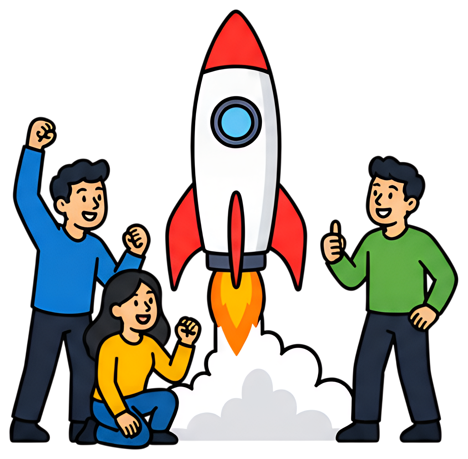 A diverse group of three people joyfully celebrating the launch of a rocket. The rocket, primarily white with red accents, is releasing flames, while the team expresses excitement with raised fists. A