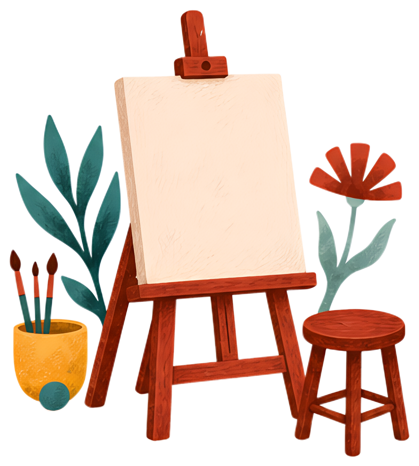 An artistic setting features an easel holding a blank canvas, accompanied by a small wooden stool and a flower. Surrounding elements include brushes in a bright pot and greenery, creating a serene and