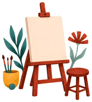 An artistic setting features an easel holding a blank canvas, accompanied by a small wooden stool and a flower. Surrounding elements include brushes in a bright pot and greenery, creating a serene and