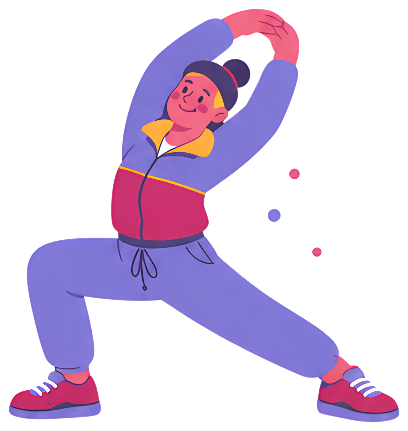A vibrant character in a colorful tracksuit stretches with one leg forward and arms reaching upward, ready for a run. The scene captures a dynamic pose with cheerful facial expressions and colorful, 2