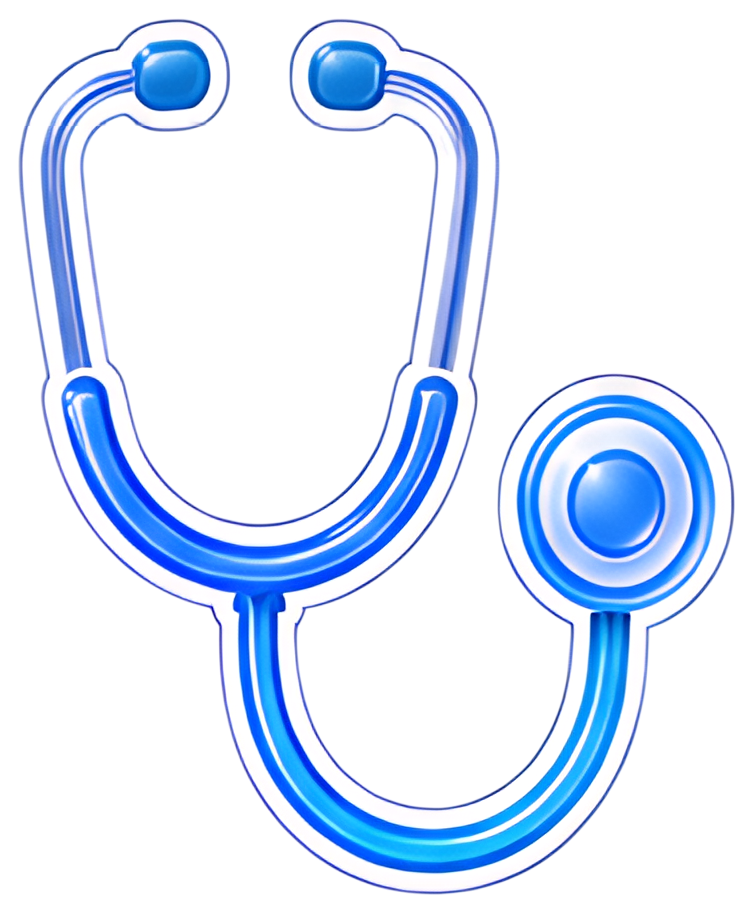 A stylized blue stethoscope with a glossy finish, featuring a rounded chest piece and curved tubing. The design is simple yet vibrant, emphasizing the medical tool's form with varying shades of blue.